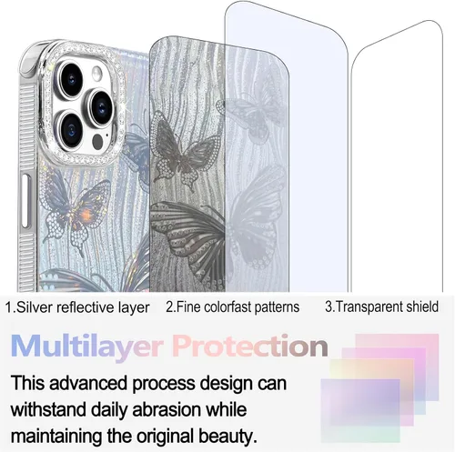 Vista 55 de I-MGAE-IN-AR - Funda diseñada para iPhone 12 y 12 Pro, diseño de mariposa plateada brillante, funda protectora de poliuretano termoplástico, suave
