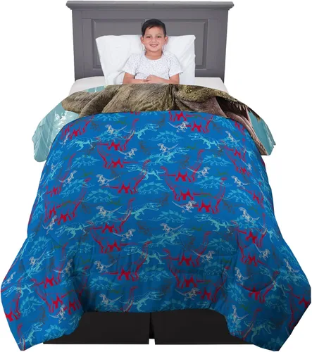 Vista 2 de Franco Ropa de cama para niños, edredón reversible de microfibra súper suave, tamaño individual/matrimonial, Jurassic World Dominion