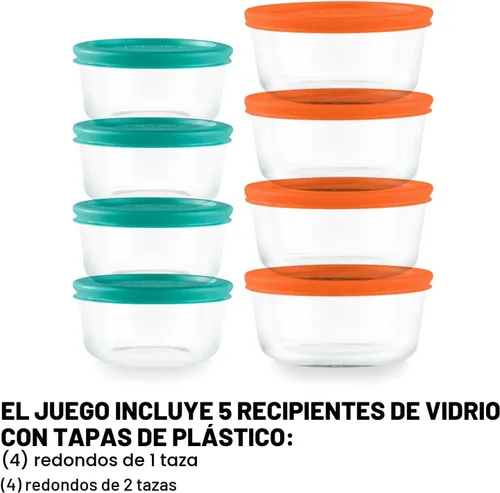 Vista 2 de Pyrex Simply Store (Paquete de 8) - Juego de 8 recipientes pequeños de vidrio para almacenamiento de alimentos, (1 y 2 tazas), recipientes