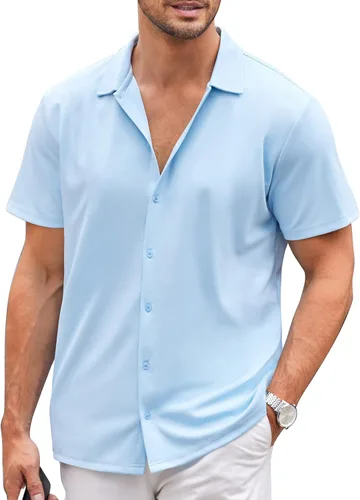 Vista 110 de COOFANDY Camisa casual con botones para hombre, manga corta, sin arrugas, camisa de verano