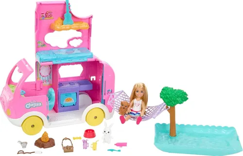 Barbie Camper, Chelsea - Juego 2 en 1 con muñeca pequeña, 2 mascotas y 15 accesorios, el vehículo se transforma en campamento (exclusivo de Amazon)