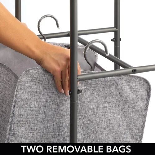 Vista 6 de mDesign Cesta vertical apilada para ropa sucia con ruedas, portátil, 2 bolsas extraíbles para organizar ropa, lavandería, luces, oscuridades, marco