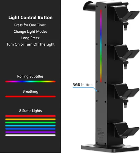 Vista 3 de KAFRI RGB Gaming Headphone Stand with 8 Light Modes, Controller Holder for Desk - with Retractable Charger Cable - 2 Outlet Power & 4 Type-C
