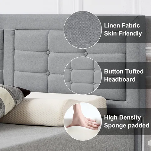 Vista 22 de VECELO Full Size Bed Frame with Storage Drawers, Upholstered Platform Bedframe with Wingback Headboard, No Box Spring Needed, Light Grey