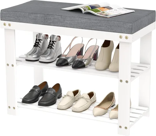 Vista 19 de Domax Zapatero para entrada, zapatero de bambú de 3 niveles con asiento tapizado acolchado, color marrón