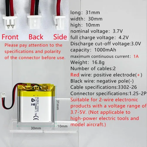 Vista 2 de DC 3.7V 1000mAh 103030 Batería recargable de polímero de litio, adecuada para productos electrónicos de bricolaje 3.7-5V con reemplazo de batería