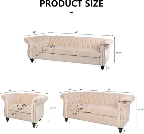 Vista 69 de RARZOE Juego de 3 piezas de muebles de sala de estar, sofá Chesterfield de terciopelo moderno, silla de club Chesterfield y sofá de dos plazas Mango