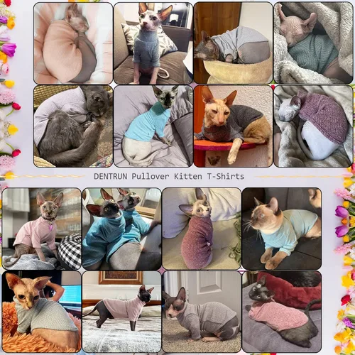Vista 6 de DENTRUN Sphynx - Camisa de gatos sin pelo, camiseta de gatito, transpirable, cuello alto, adorable ropa de gato, chaleco de pijama