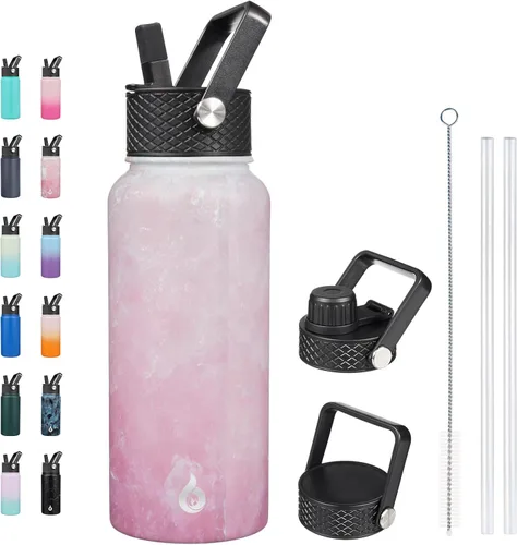 Vista 109 de BJPKPK - Botellas de agua aisladas con tapa de popote, botella de agua de acero inoxidable de 27 onzas con 3 tapas, termo de metal sin BPA a prueba