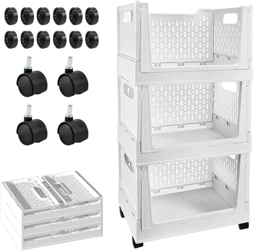 Vista 9 de Stackable Plastic Storage Bins, 3 Pack Foldable Closet Organizers and Storage Basket with Wheels, Collapsible Drawer Shelf Storage Box Container for