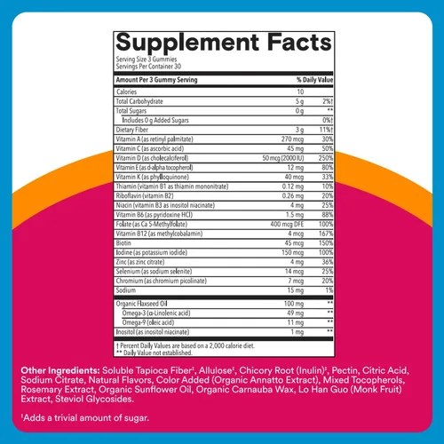 Vista 3 de SmartyPants Gomitas multivitamínicas Zero Sugar para mujeres: biotina, metilfolato, omega 3 (ALA), vitamina D3, C, vitamina B12, B6, A, K, zinc