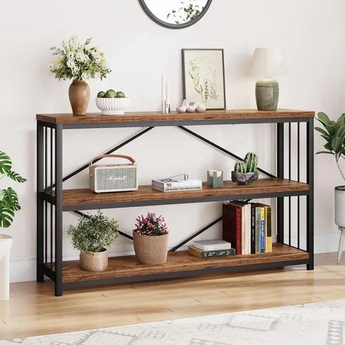 Vista 28 de LVB Mesa consola industrial, mesa de sofá de metal y madera, mesa de entrada rústica con almacenamiento, moderno estante de 3 niveles mesa larga