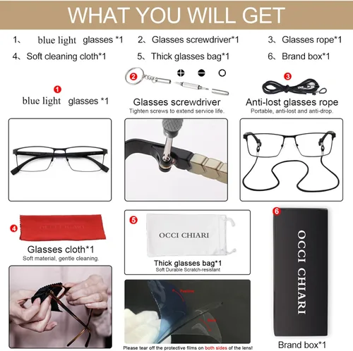 Vista 6 de OCCI CHIARI Gafas de filtro de luz azul para hombres Gafas cuadradas Marco de computadora Gaming Glasses Nerdy