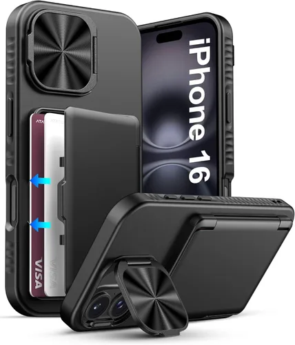 Vista 96 de ATATOO Funda para iPhone 16, tarjetero integrado (almacena 3-5 tarjetas) y protector de cámara deslizante, protección de grado militar, bonita funda