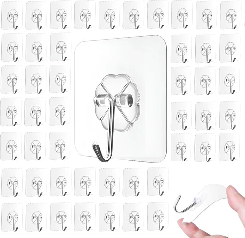 Vista 8 de Ganchos adhesivos para colgar, ganchos de pared resistentes, ganchos transparentes autoadhesivos, ganchos impermeables para toallas y abrigos