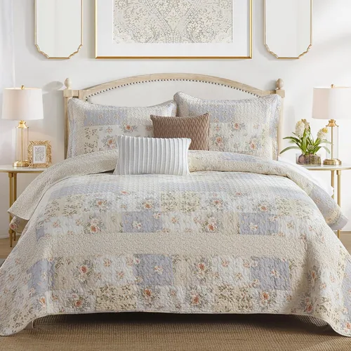Vista 2 de Colcha de tamaño Queen extragrande 100% algodón, 102 x 120 Beige