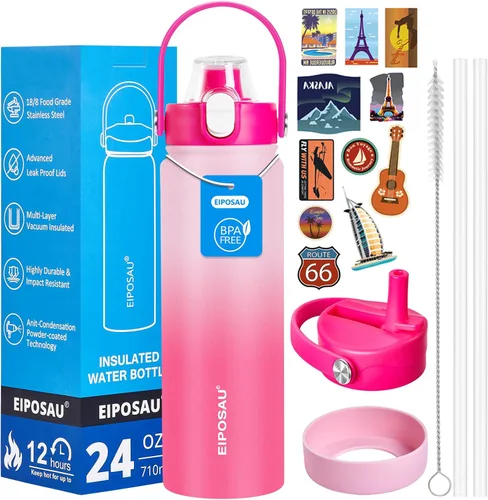 Vista 45 de Botella de agua aislada con tapa, bota y calcomanías, botella de acero inoxidable de 24 onzas, sin sudor, mantiene el frío las 24 horas, botella