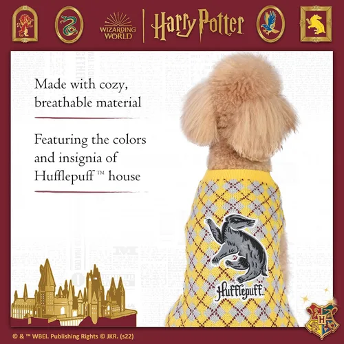 Vista 4 de Harry Potter Hufflepuff Suéter para perro, ropa exterior para mascotas, ropa y accesorios para perros con licencia oficial para casas de Hogwarts