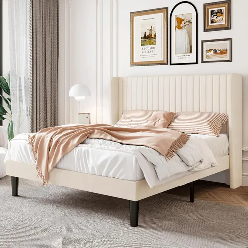 Vista 16 de SHA CERLIN Base de cama de terciopelo tamaño Queen con cabecera capitoné de canal vertical, plataforma tapizada con listones de madera, no necesita
