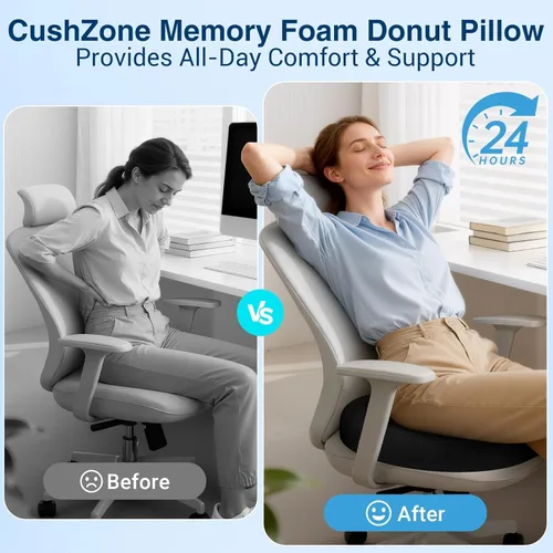 Vista 3 de CushZone Almohada de Dona para Postparto y Embarazo - Grandes Cojines Ergonómicos para Silla, Cojín para Silla de Oficina, Almohada Respirable