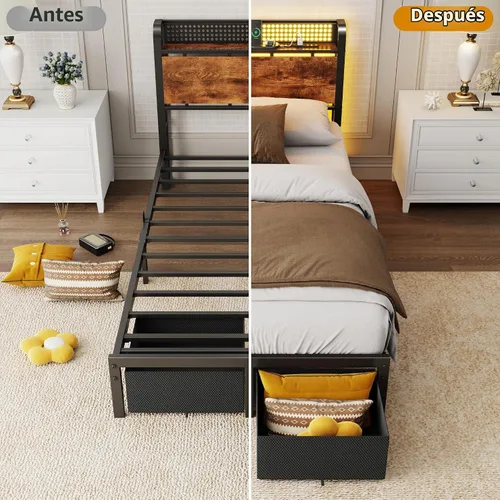 Vista 8 de Furnulem Base de cama individual con 2 cajones de almacenamiento y estación de carga, base de cama de plataforma individual con cabecero y luces