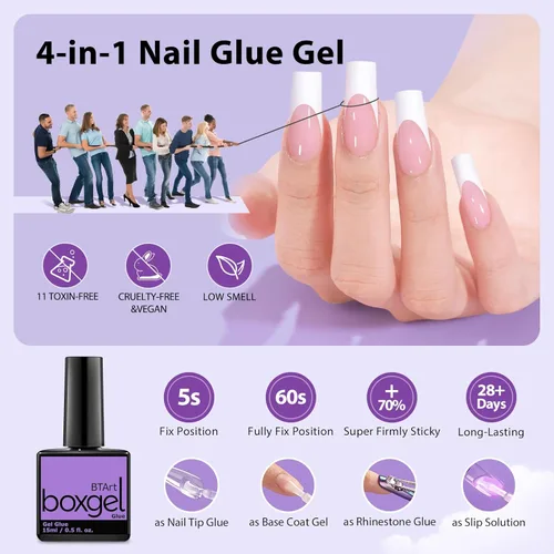 Vista 4 de btartboxnails XCOATTIPS - Uñas de gel francesas – Uñas cortas de ataúd con gel de uñas, dúo protector francés, lámpara de uñas, gel suave todo