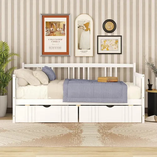 Vista 3 de Merax Sofá cama de madera con 2 cajones, soporte de listones de madera, sofá cama con marco de madera de tamaño individual, color blanco