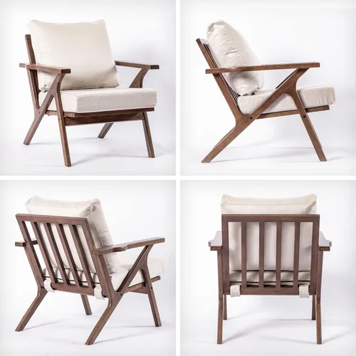Vista 7 de UNICOO - Silla de mediados de siglo, sillón tapizado retro, con marco de madera y cojines extraíbles, silla grande de ocio para sala de Beige