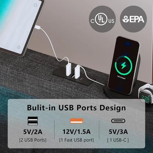 Vista 4 de Base de cama King con cabecero y luces LED, plataforma tapizada con estación de carga USB, cama tamaño King con soporte de metal y estribo,