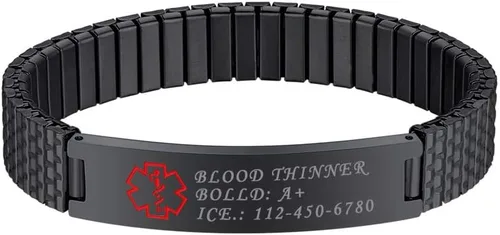 Vista 10 de Bandmax Pulsera de alerta médica de acero inoxidable personalizada con identificación de emergencia elástica para diabéticos, joyería de alerta