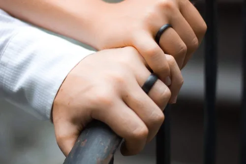 Set of two carbon fiber round wedding bands. Unique and modern black rings. Water resistant, very durable and hypoallergenic. (00100_4N7N)