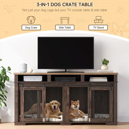 Vista 3 de Mueble de jaula para perros de 71 pulgadas para 2 perros, perrera con 3 cajones de almacenamiento y divisor extraíble, jaula doble extragrande