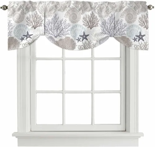 Vista 39 de Cenefa de amarre para ventanas, cortinas náuticas costeras de coral, cenefas con bolsillo para barra, cortinas de ventana con temática de playa