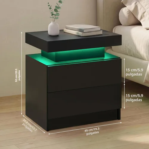 Vista 2 de Generic Juego de 2 Mesitas de noche con 2 cajones, mesa de noche con cajones para muebles de dormitorio, mesa auxiliar con luz LED, color negro
