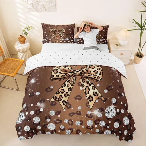 Vista 157 de Feelyou Coquette Bow Bedding Set Twin Size Leopared Bows Comforter Cover for Kids Teens Adults Glitter Diamond Blue Duvet Cover Cute Bowknot Room