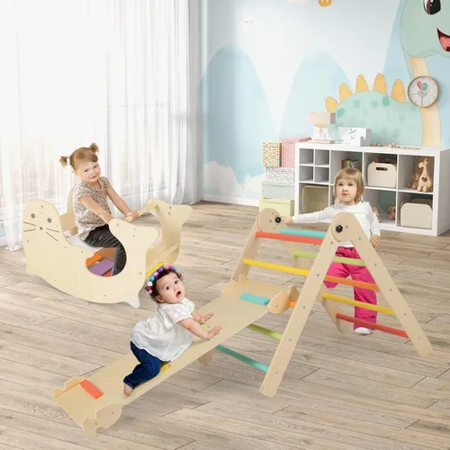 Vista 2 de COSTWAY Climbing Triangle with Slide, 7-in-1 Indoor Climbing Frame from 3 Years, Foldable & Height-Adjustable, Indoor Playground Freely Combinable