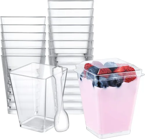 Vista 10 de SHOPDAY Vasos de postre de plástico de 5 oz: paquete de 30 vasos cuadrados transparentes con cucharas, pequeños vasos de parfait, mini vasos