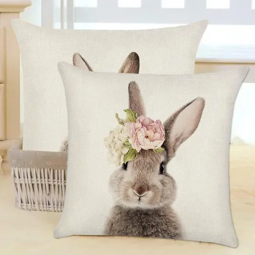 Vista 7 de Juego de 2 fundas de almohada de conejo de Pascua de 18 x 18 pulgadas, de lino, lindos conejos, decoración floral de conejito de Pascua, funda
