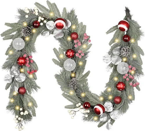 Vista 11 de Valery Madelyn 6 Ft Christmas Garland with Lights for Mantle White Gold Guirnalda de Navidad iluminada al aire libre con bolas de pino Norfolk