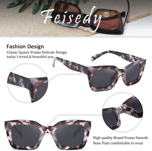 Vista 3 de FEISEDY Gafas de sol clásicas para mujer, gafas de sol cuadradas gruesas, marco grueso, UV400 B2471