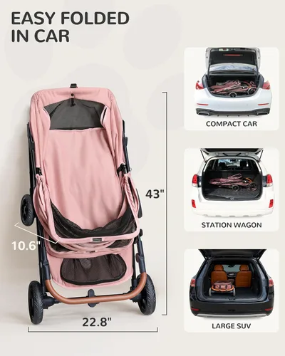 Vista 4 de Cochecito para perros grandes y medianos (20-132 libras), cochecito para mascotas para 2 perros pequeños, extra grande, resistente, plegable y Azul