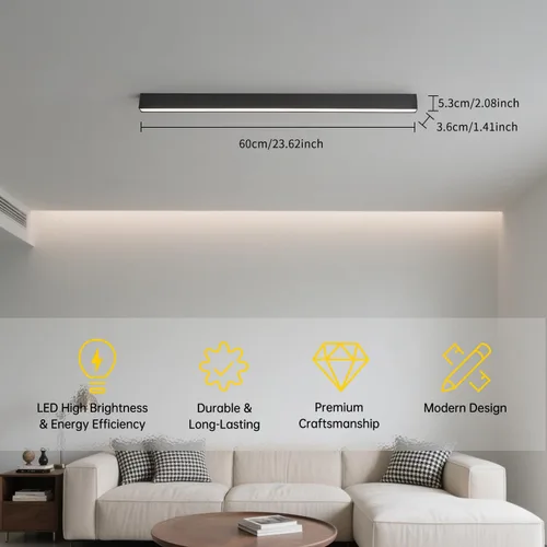 Vista 6 de Lámpara LED de techo negra, moderna y simple, instalación de superficie de techo de tira larga, adecuada para sala de estar, dormitorio, pasillo
