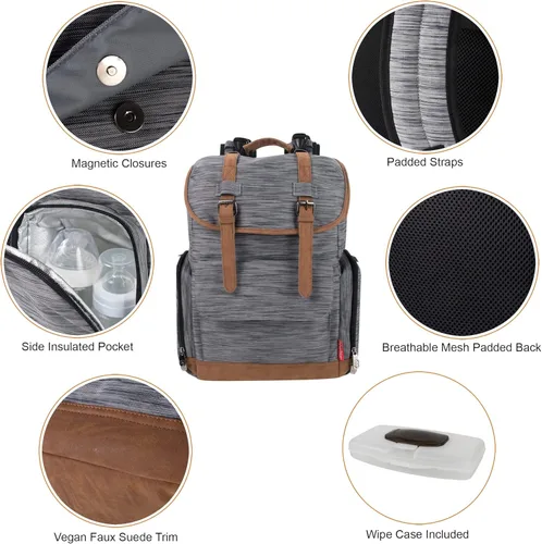 Vista 2 de Fisher-Price Mochila para pañales con cordón y bolsillo para toallitas, compartimento aislado para botellas, correas para cochecito