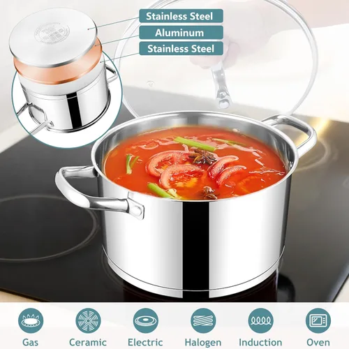 Vista 3 de E-far Olla de 4 Cuartos con Tapa, Olla de Acero Inoxidable para Cocinar Sopa, Pasta, Salsa a Fuego Lento, con Fondo de Tres Capas y Tapa Visible