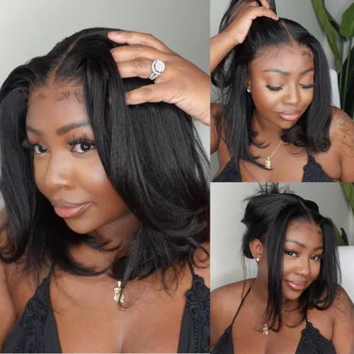 Vista 26 de UNICE Yaki Peluca Bob Recta de Cabello Humano con Cordón Adiós Nudos Sin Pegamento 7x5 Pelucas Frontales de Encaje de Cabello Humano Pre Desplumadas