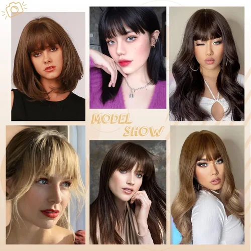 Vista 5 de NAYOO Flequillo con clip, extensiones de cabello 100 % humano con clip, color marrón claro, flequillo francés con sienes para mujer, flequillo