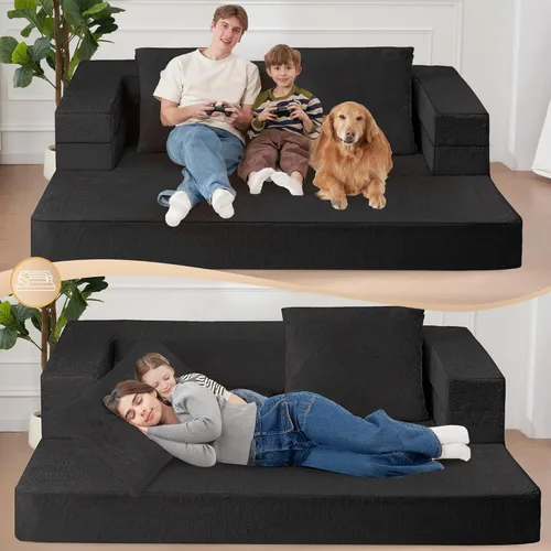 Vista 6 de Futon Sofa Bed with Pillow, 3-in-1 Sleeper Sofa Bed with Removable Cover, Convertible Floor Sofa Bed, No Assembly Boneless Couch for Living Room