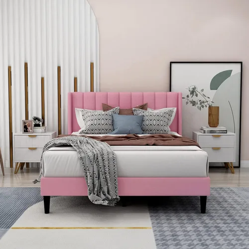 Vista 3 de Base de cama de plataforma tapizada completa con cabecero, base de colchón, soporte de listones de madera, silencioso, no necesita somier, fácil
