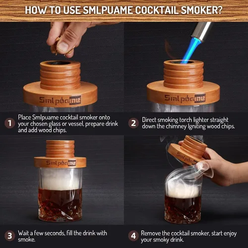 Vista 5 de Kit de ahumador de whisky con antorcha, ahumador de bebida bourbon Old Fashioned con virutas de madera de 4 sabores, regalos de cumpleaños y Día