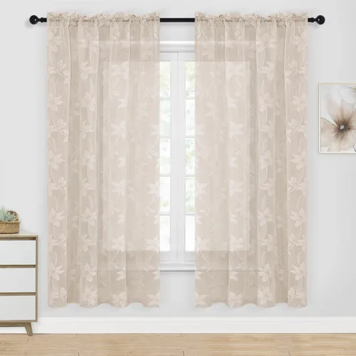 Vista 20 de DWCN Paquete de 2 cortinas traslúcidas pequeñas de encaje floral beige para cocina, cortinas traslúcidas ligeras con bolsillo para barra, cortinas